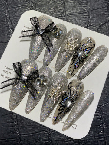10pcs Cat Eye Bowknot, Extra Long Heavy Metal Style Artificial Nails With 3 Double-Sided Adhesive