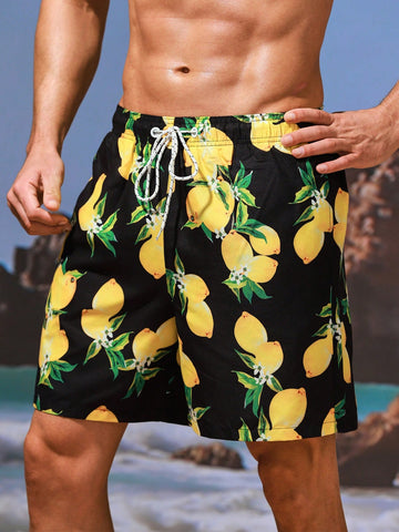 Men's Lemon Patterned Drawstring Beach Shorts