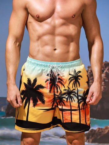 Men's Beach Shorts With Coconut Tree Print And Gradient Flower Pattern