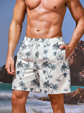 Men's Beach Shorts With Coconut Tree Print And Drawstring Waist