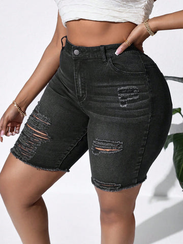 Women's Plus Size High Waist Irregular Ripped Tight Denim Shorts With College Style