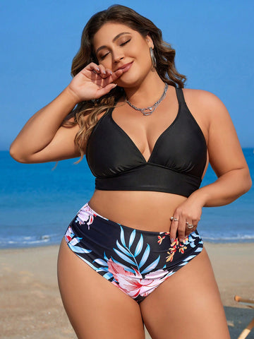 Plus Size Women's Tropical Plant Printed Swimsuit Set