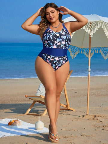 Plus Size Floral Printed One-Piece Swimsuit For Women