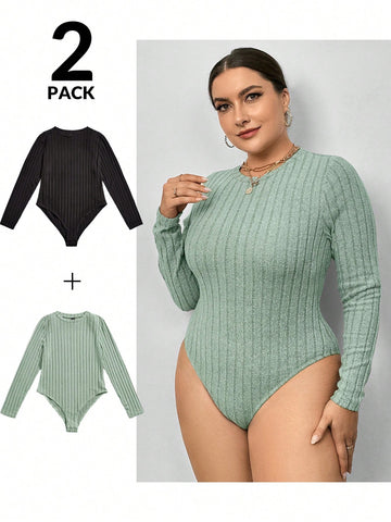 Women's Plus Size Solid Color Ribbed Long Sleeve Bodysuit