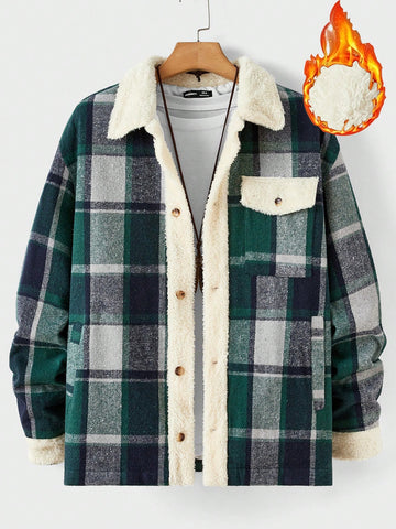 Men's Casual Oversized Contrast Plaid Patchwork Pocketed Thermal Lined Overcoat