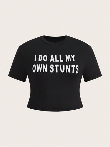 Plus Size Women's Short Sleeve T-Shirt With Slogan Print