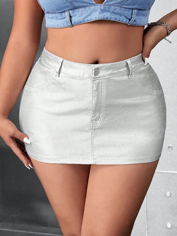 Plus Size Y2K Sexy Metallic Slim Fit Mini Skirt For Summer, Club