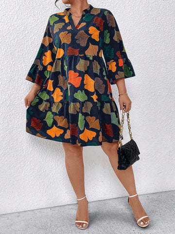 Plus Size Women's Leaf Printed Ruffle Sleeve Dress