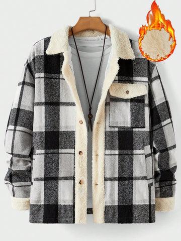 Men's Casual Oversize Contrast Plaid Patched Pocket Thermal Lined Overcoat