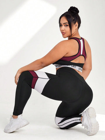 Plus Size Cut-Out Back & Striped Sports Bra And High Waist Leggings Set