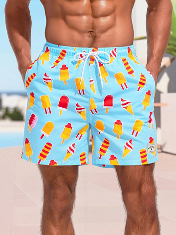 Men's Ice Cream Printed Drawstring Waist Beach Shorts