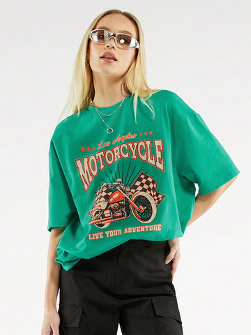 Vintage Motorcycle Print Relaxed Fit Drop Shoulder Women's T-Shirt
