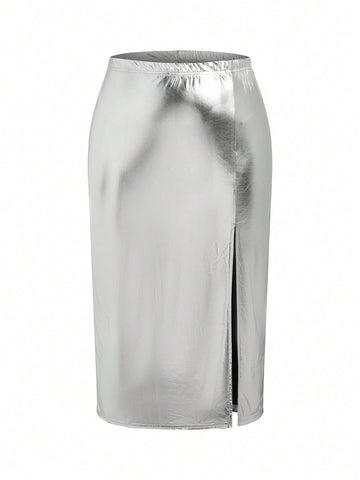 Plus Size Women's Metallic Fabric Side Split Skirt