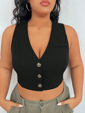 Black Knitted Plus Size Women's Vest Waistcoat