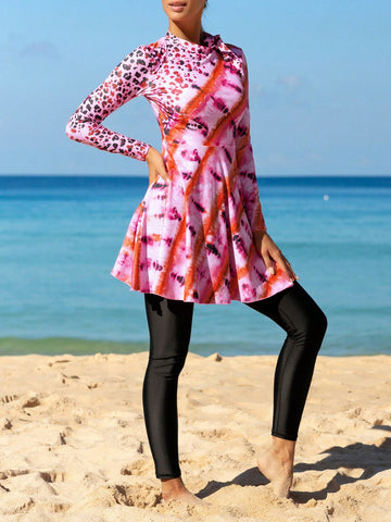Women'S Tie Dye Leopard Print Long Sleeve Long Pants Swimsuit Set Carnival