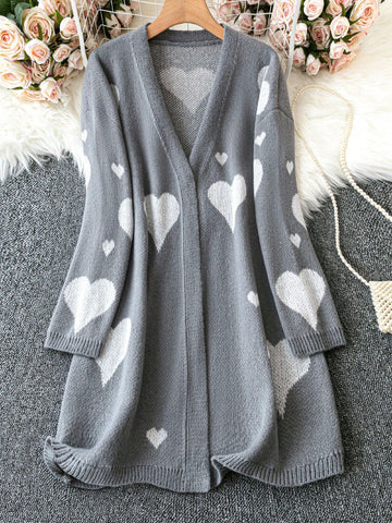 Plus Size Ladies' Open-Front Cardigan With Heart-Shaped Pattern