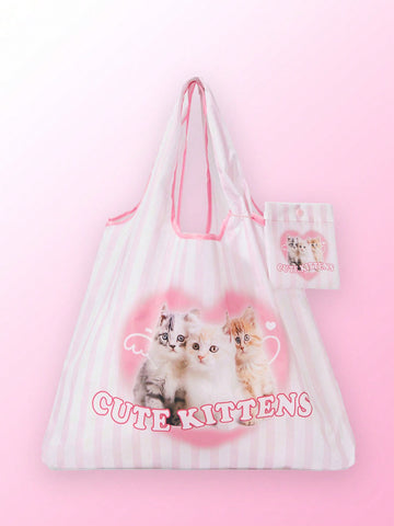 2pcs/Set Cartoon Cat & Stripe Pattern Foldable Portable Tote Bag, Suitable For Outdoor Activities And Grocery Shopping