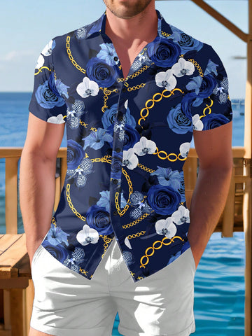 Men's Shirt With Rose Flower And Chain Print, Short Sleeves