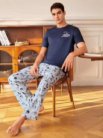 Men Letter Print Round Neck Top And Allover Print Pants Pajama Set