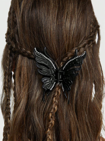 1pc Black Gothic Style, Vibrant Glitter Coated Butterfly With Rhinestones