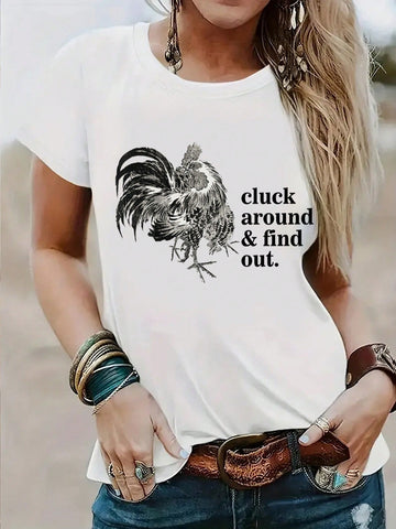 Women's Chicken & Slogan Print Round Neck Short Sleeve T-Shirt