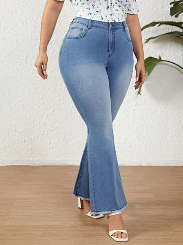 Plus Size Flared Denim Jeans With Frayed Hem
