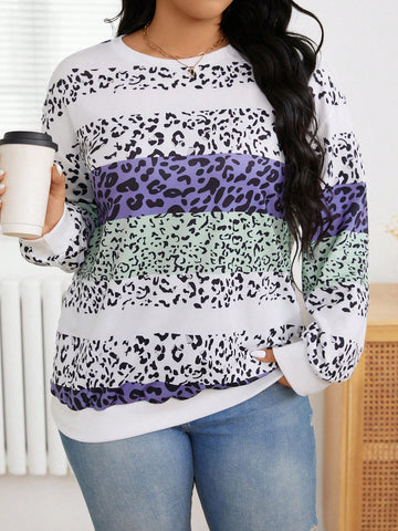 Plus Size Women's Leopard Print Drop Shoulder Sweatshirt