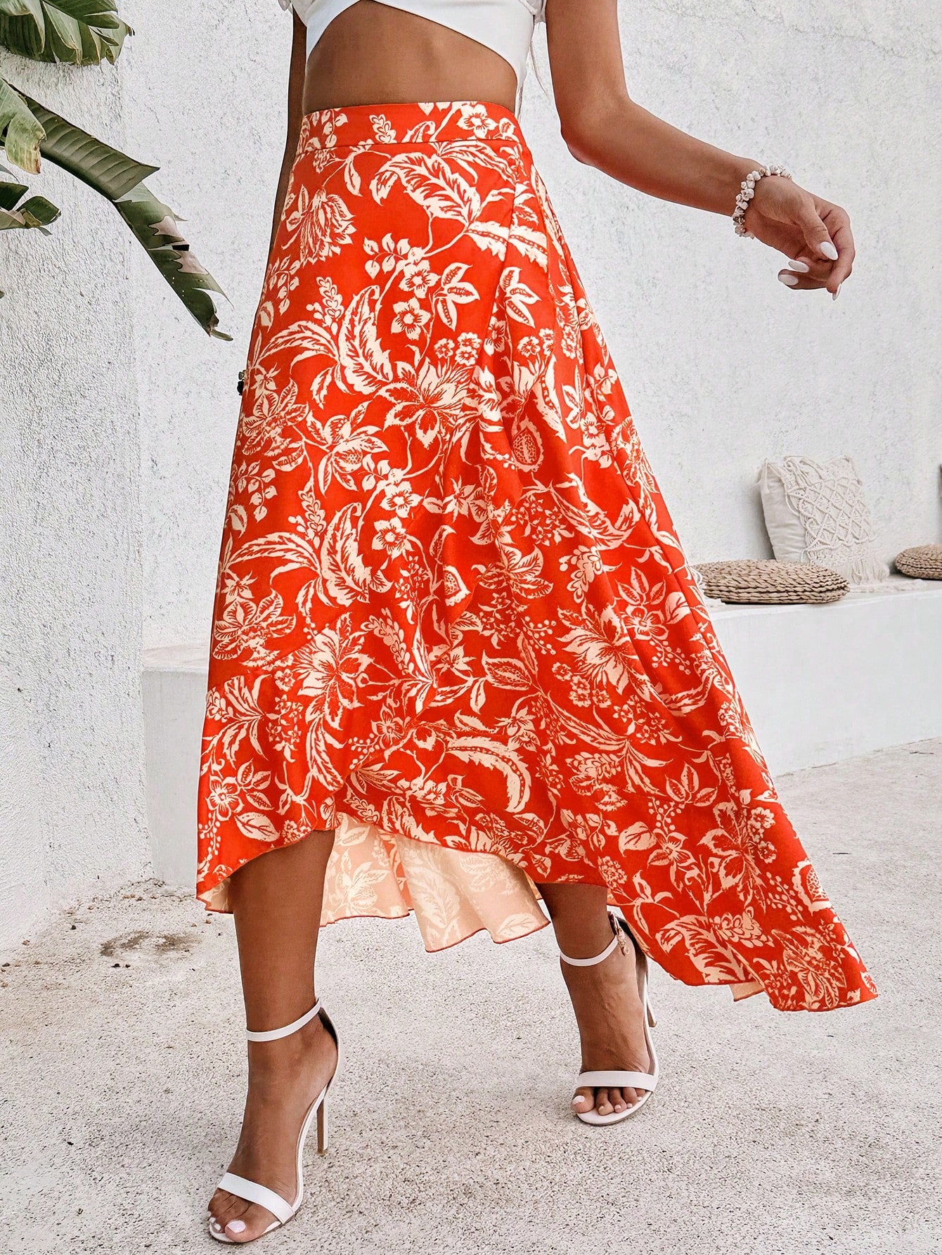 Women's Wrap Style Ruffle Hem Vacation Printed Skirt