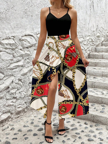 Women's Color Collision Chain Print Split Hem Cami Dress