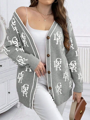 Plus Size Fashionable Cardigan With Colorblock Detail & Letter Print