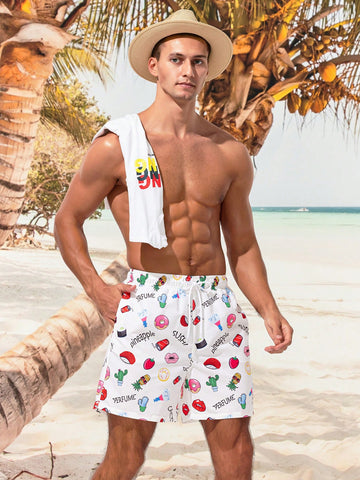 Men's Swimming Trunks With Letter And Strawberry Print