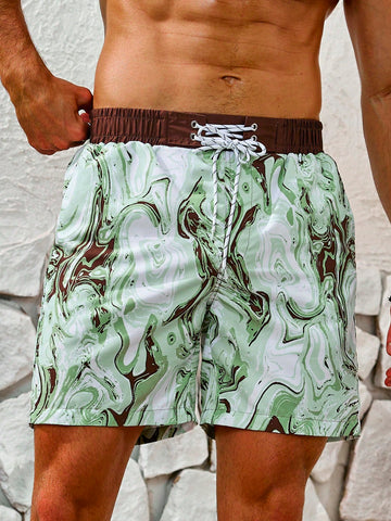 Men's Marble Printed Drawstring Waist Beach Shorts