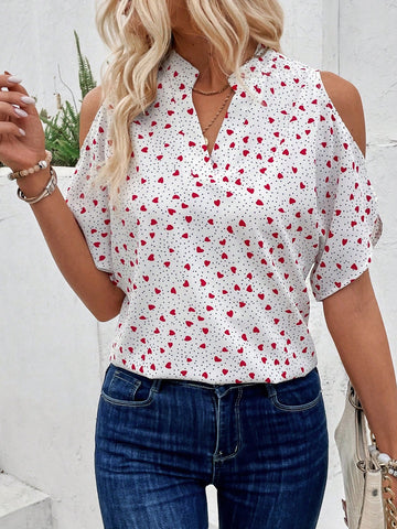 Heart Print Cold Shoulder Shirt With Notched Collar