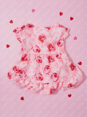 Valentine's Day Pink Rose Romantic Pet Puff Sleeve Princess Dress Wearable For Cats And Dogs 1 Piece