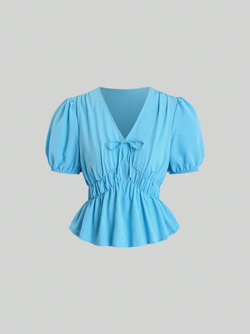 Women's Puff Sleeve Waist Slimming Pleated Shirt
