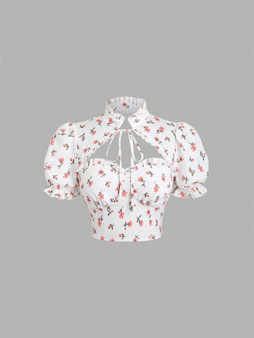 Women's Stand Collar Tie Waist Sweetheart Collar Puff Sleeve Blouse With Small Floral Print