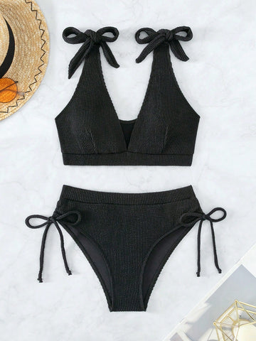 Solid Color Bikini Swimsuit Set With Knot Detail Carnival