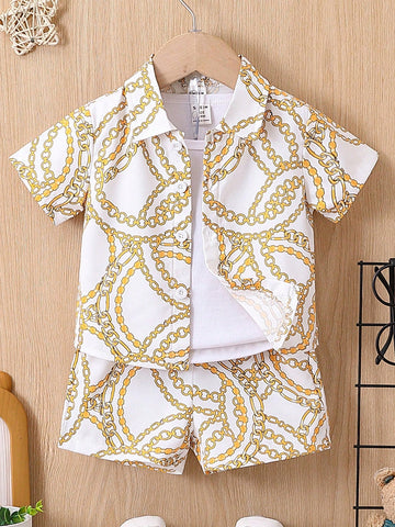 Baby Boy's Fashionable Chain Print Short Sleeve Shirt And Shorts Set For Spring/Summer