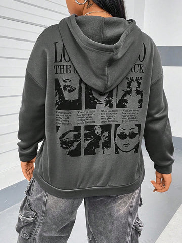Women's Plus Size Character Slogan Printed Hooded Sweatshirt With Drawstring And Thickened Lining