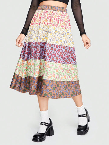Cute Forest And Japanese Style Loose Fit Skirt Faux Patchwork Flower Print Skirt