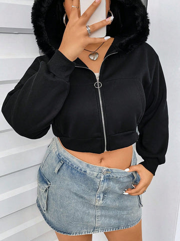 Plus Size Short Fleece Hoodie With Pocket & Metal Zipper & Fur Decor