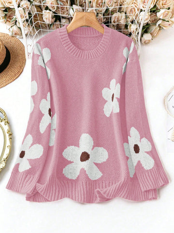 Plus Size Floral Print Round Neck Pullover Sweater With Long Sleeves