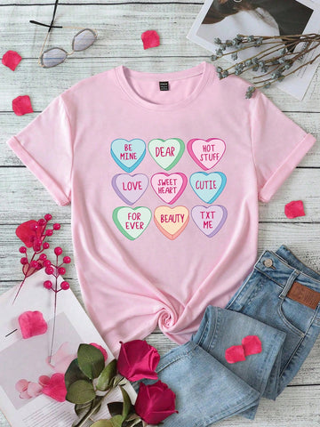 Women's Fashionable Coloured Love Heart And Letter Printed Short-Sleeved T-Shirt