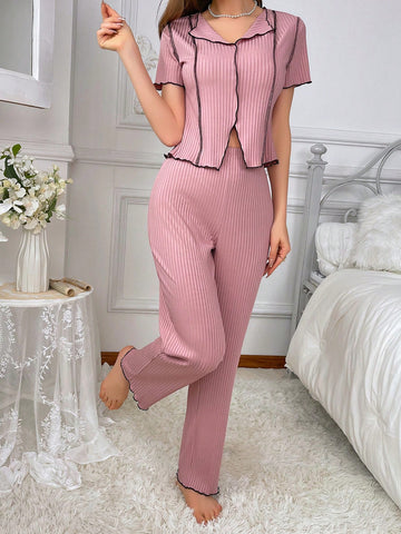 Women's Colorblock Short Sleeve Shirt And Pants Casual Suit