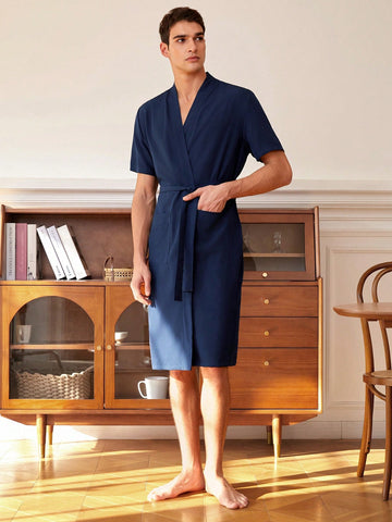 Men's Solid Color Short Sleeve Bathrobe For Home