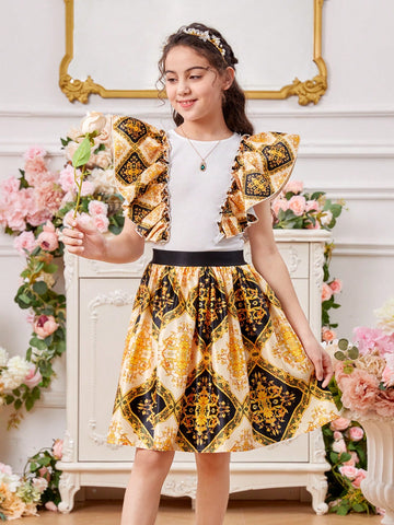 Tween Girls' Round Neck Blouse With Ruffles & Baroque Print Skirt Set