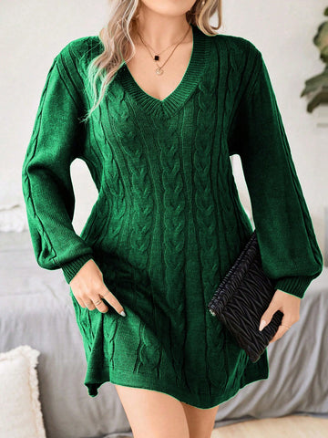 Plus Size Lantern Sleeve Floral Cable Knit Sweater Dress With V-Neck