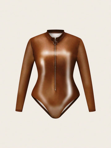 Plus Size Front Zipper Pu Leather Bodysuit