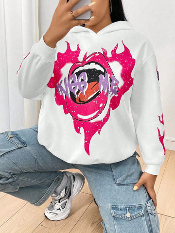 Plus Size Women's Hoodie With Letter And Lips Printed Sweatshirt