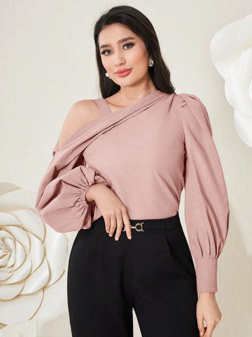 Women's Fashionable Solid Color Asymmetrical Collar Long Sleeve Shirt